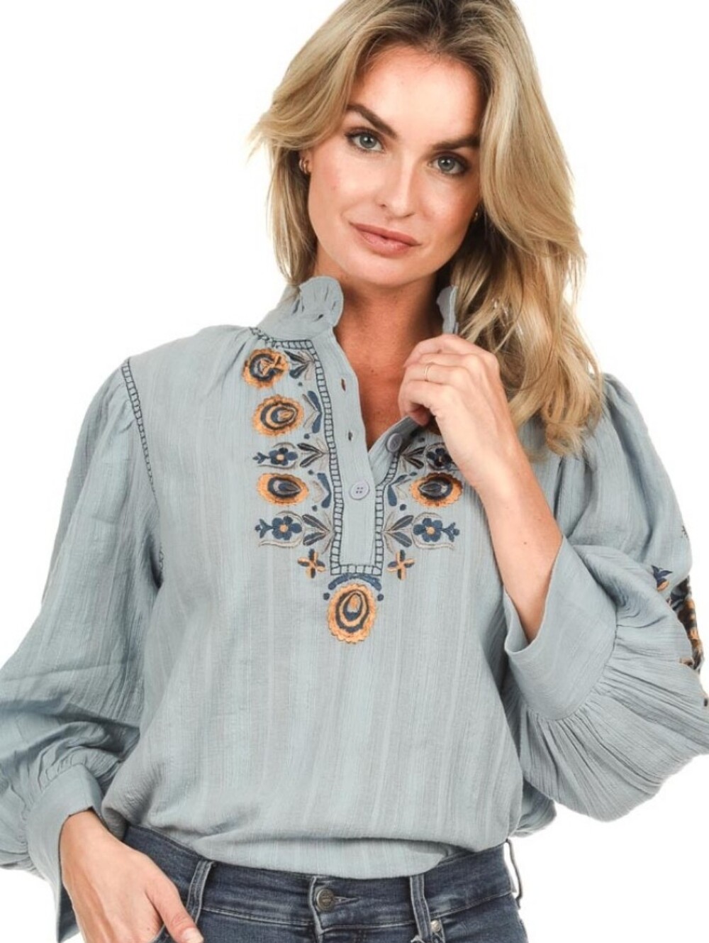 Antik Batik Igor Blouse Embroidered Yoke Sleeves Cotton Blue Gold Women's XS